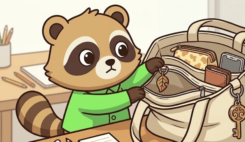バッグの内ポケットにチャームを付けるたぬきのイラスト