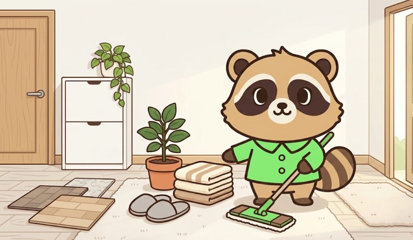 玄関マットの代わりになるアイテムを使って、たぬきが清潔な玄関を整えているイラスト
