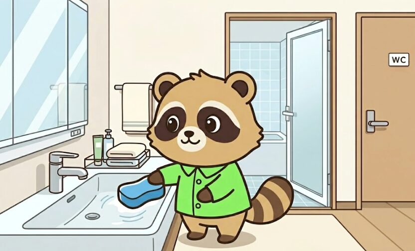 緑のシャツを着たたぬきが、清潔な洗面台をスポンジで丁寧に掃除しているイラスト