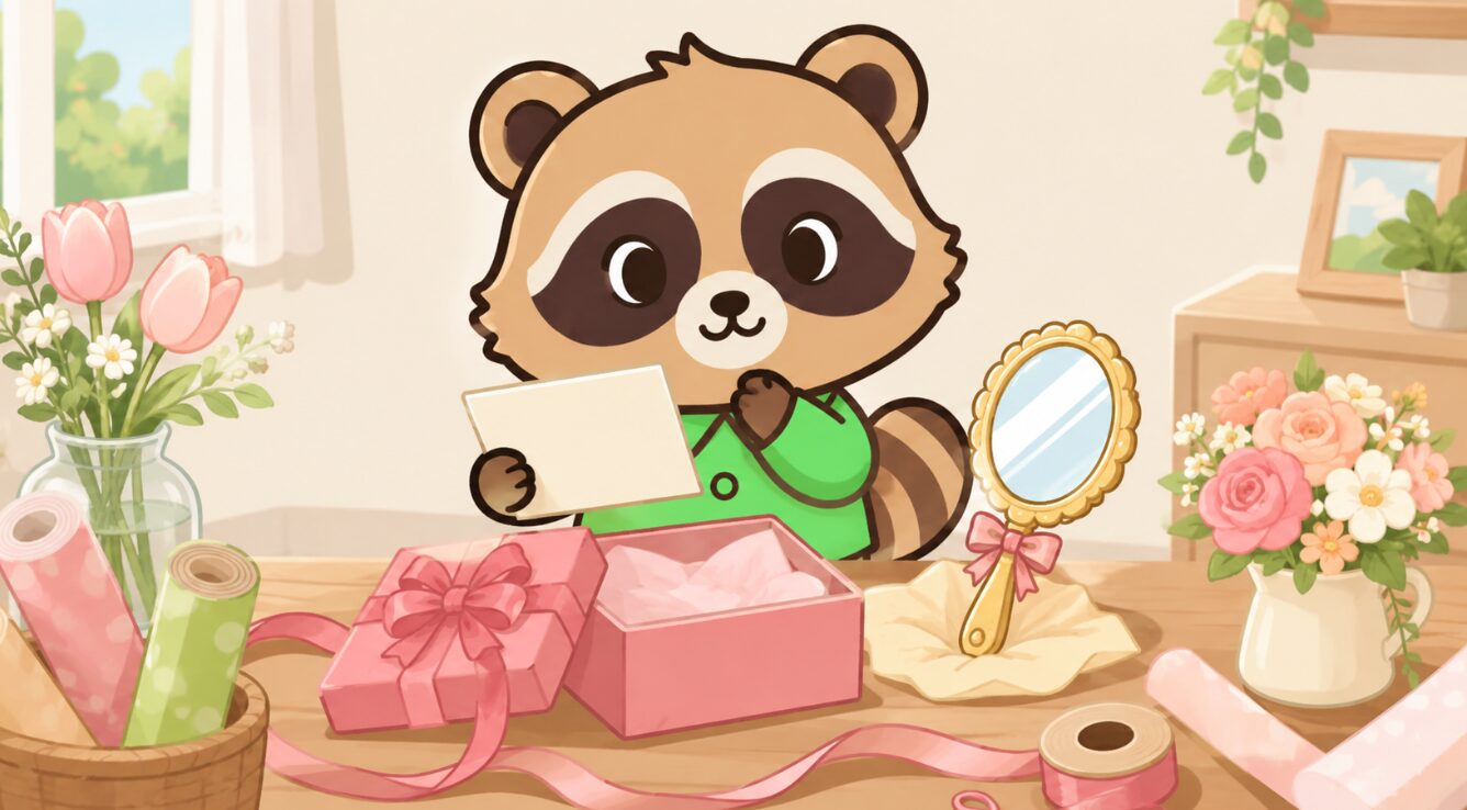 メッセージカードを確認する緑のシャツのかわいいたぬきと、手鏡のギフト。