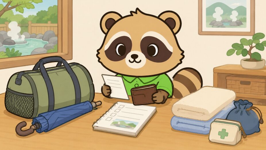 緑のシャツを着たたぬきが、机の前で財布と旅行の持ち物を確認しているイラスト