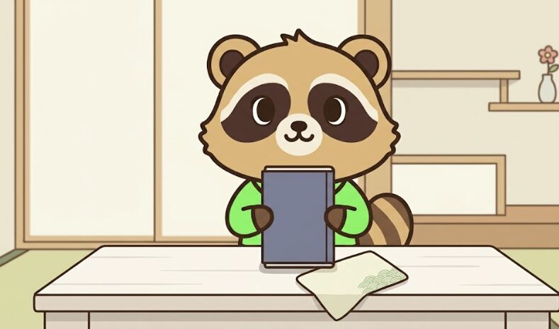 たぬきが落ち着いた色合いのシンプルで上品な御朱印帳を持って微笑んでいるイラスト