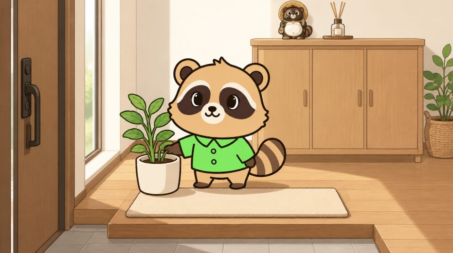玄関で緑のシャツを着たかわいいたぬきのキャラクターが、玄関マットの横に観葉植物を置き、靴箱の上の縁起物の置物とディフューザーを整えているイラスト。