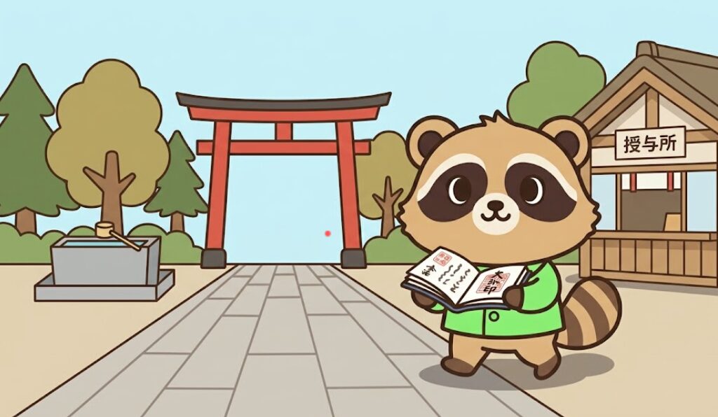 御朱印帳を持って参拝後に授与所へ向かうたぬき