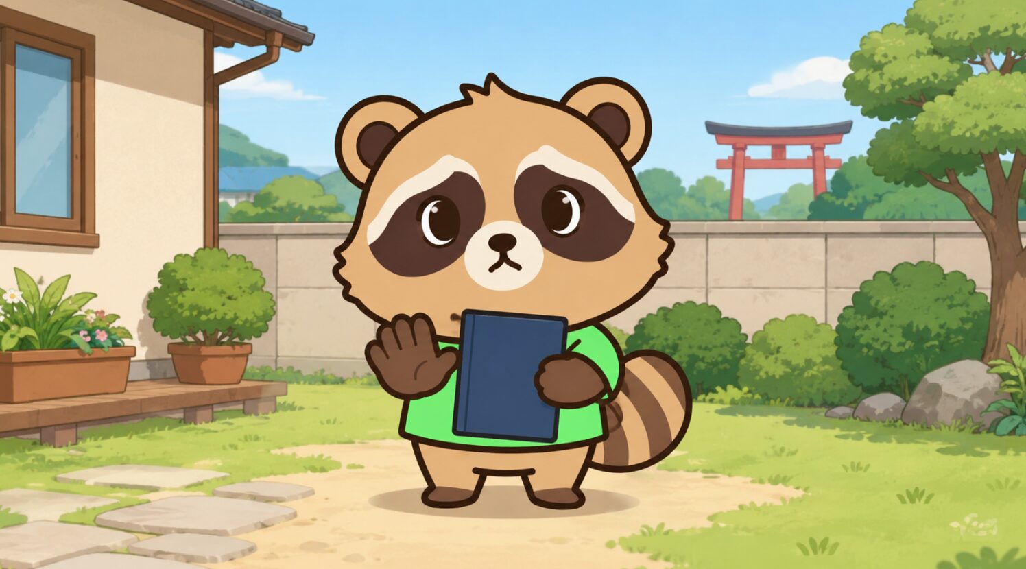 緑のシャツを着たかわいいたぬきのキャラクターが、住宅の庭先で閉じた無地の御朱印帳を胸に抱え、困った表情で片手を前に出して制止しているイラスト。背景には低い塀や植木、家の外壁、遠くの鳥居が描かれている。