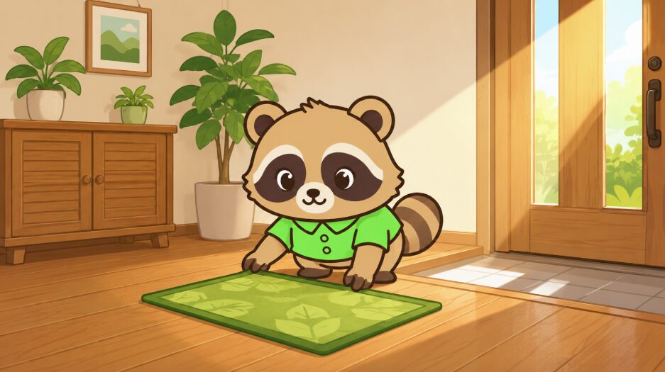 玄関の木目床にしゃがんだ、緑のシャツを着たかわいいデフォルメたぬきが、グリーンのリーフ柄マットを敷いている。右側の玄関ドアから朝日が差し込み、背景には観葉植物と清潔な靴箱がある、明るく爽やかなフラットイラスト。