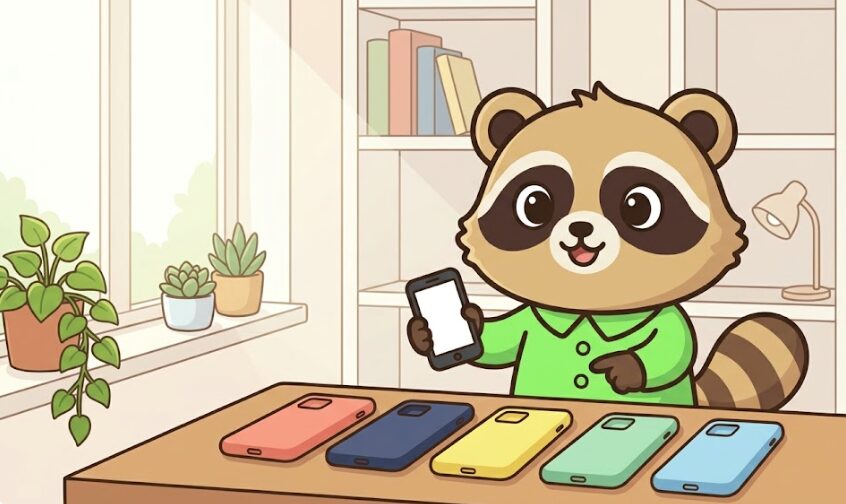 2026年のスマホケースにおすすめの色を、緑のシャツを着たかわいいたぬきが見比べながら選んでいるイラスト