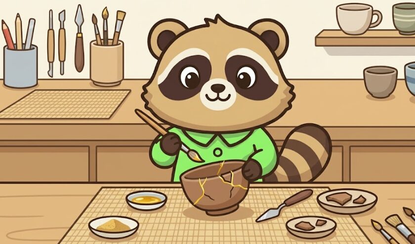 たぬきが筆を使って欠けた茶碗を金継ぎで丁寧に修復しているイラスト