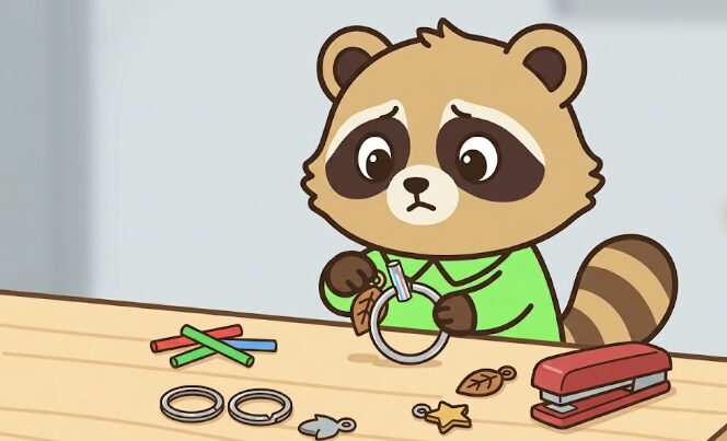 キーリングにストローを通すたぬきのイラスト