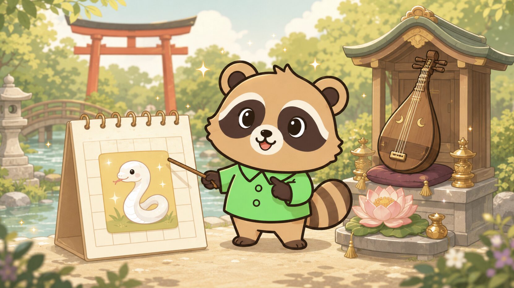 白蛇が描かれた暦を指差す緑のシャツのたぬきと、鳥居や水辺、琵琶のある社を背景にしたイラスト