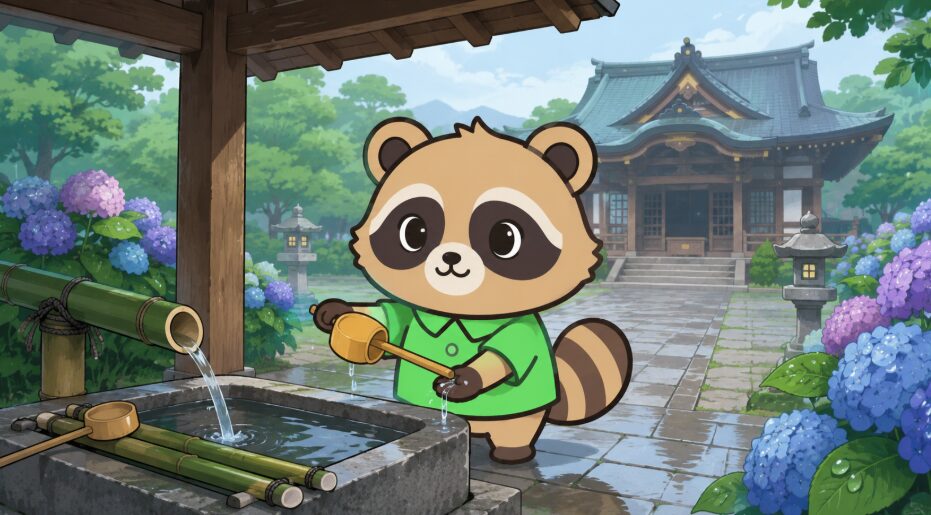 紫陽花が咲く寺社の手水舎で、緑のシャツを着たかわいいたぬきが柄杓を使って手を清めているイラスト