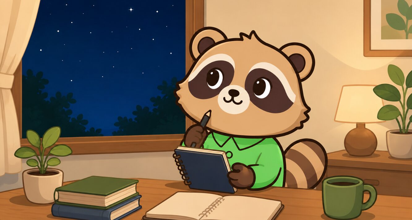 新月の夜、窓辺でたぬきがノートとペンを持ち、新しい予定を考えているイラスト