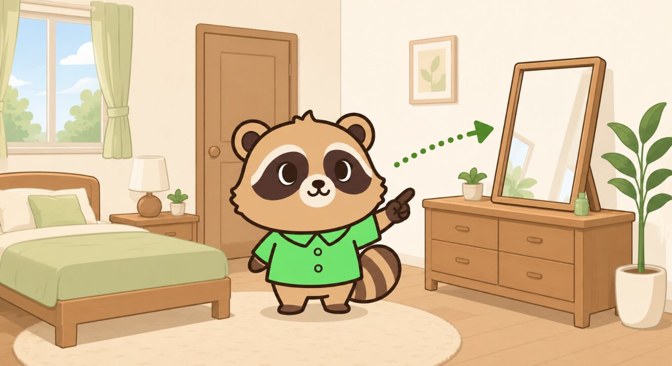寝室で緑のシャツを着たたぬきがドレッサーの鏡の向きを指差して説明しているイラスト