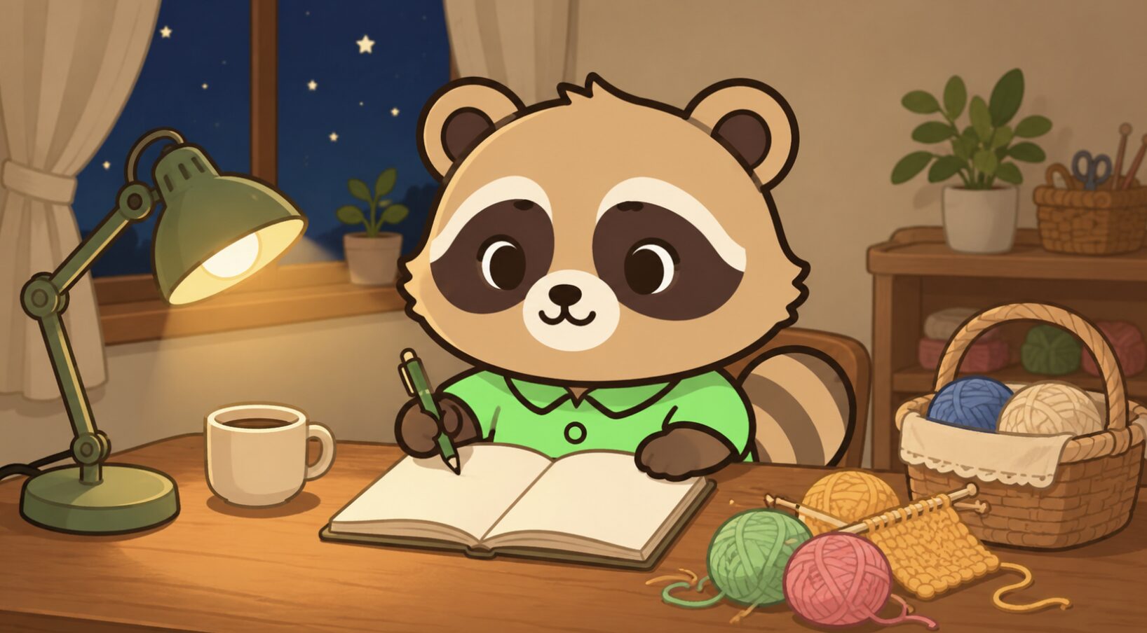 夜の静かな部屋で、緑のシャツを着たたぬきがノートに日記を書きながら、毛糸や編み物道具をそばに置いて過ごしているイラスト