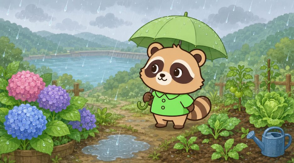雨の庭で、傘を差した緑のシャツのたぬきが紫陽花や野菜の苗を見守っているイラスト
