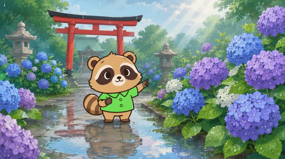 雨上がりの神社参道で、緑のシャツを着たかわいいたぬきが紫陽花を指差し、清らかな雨粒と花を眺めているイラスト