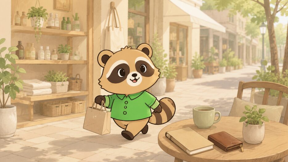 たぬきキャラクターが落ち着いた商店街で買い物袋を持ち、笑顔で軽やかに歩いているイラスト