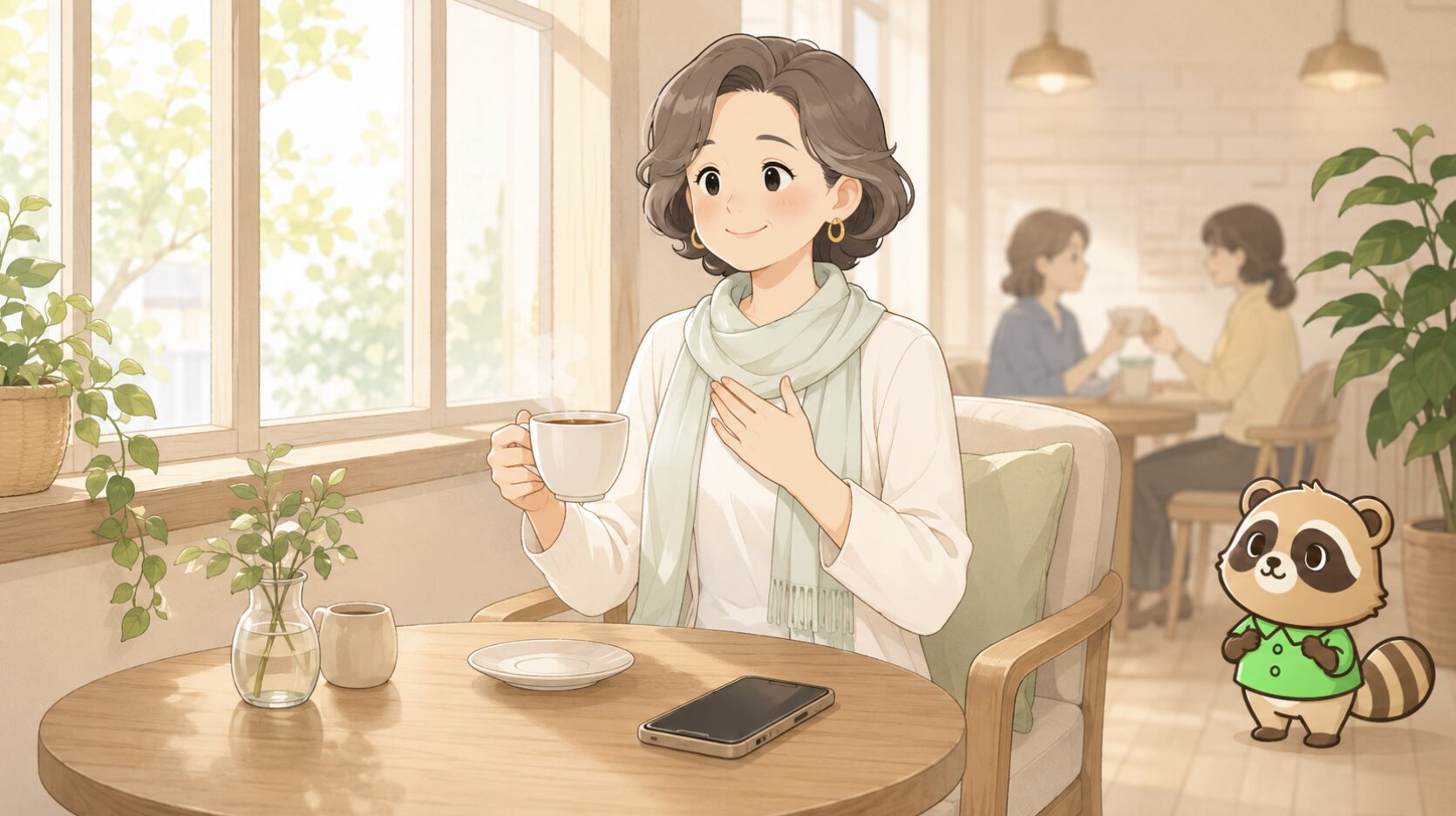 50代女性が人間関係を手放しカフェで穏やかに自分の時間を過ごすイラスト