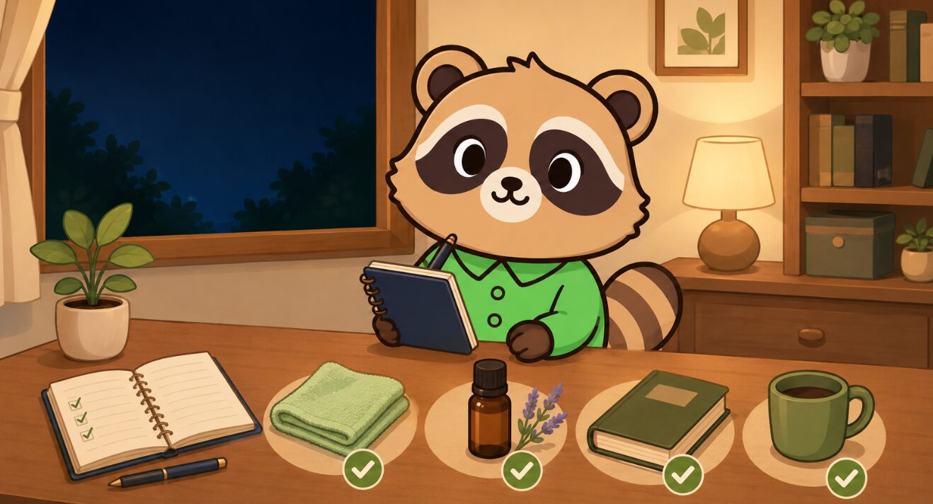 たぬきがノート、掃除用クロス、アロマ、本、マグカップを確認しているイラスト