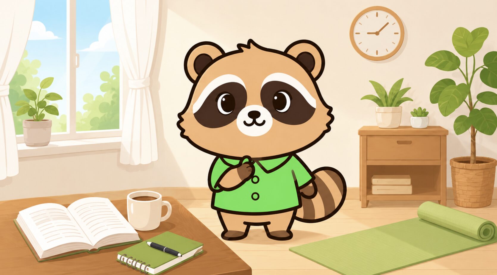 緑のシャツを着たかわいいたぬきキャラクターが、明るい部屋で胸に手を当てて微笑み、本やノート、マグカップ、ヨガマットに囲まれて無理なく趣味を楽しんでいるイラスト