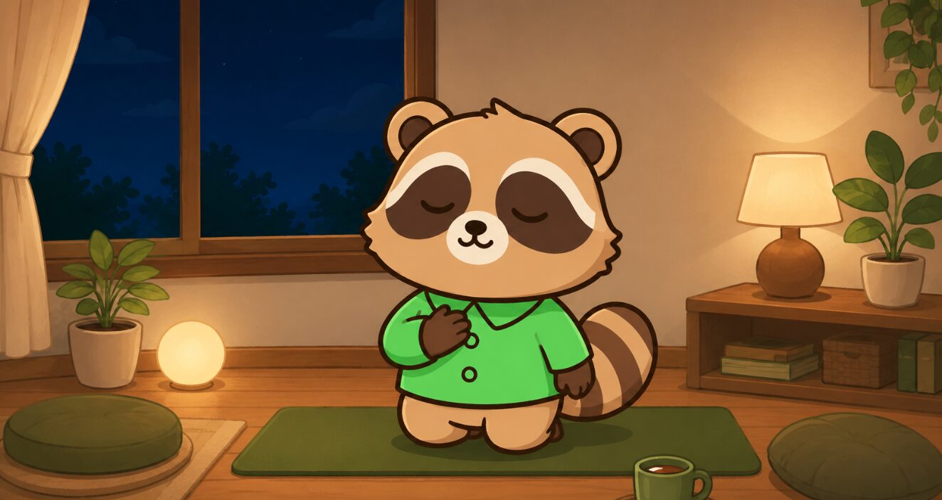 静かな夜の部屋で、たぬきが胸に手を当てて深呼吸し心を整えているイラスト
