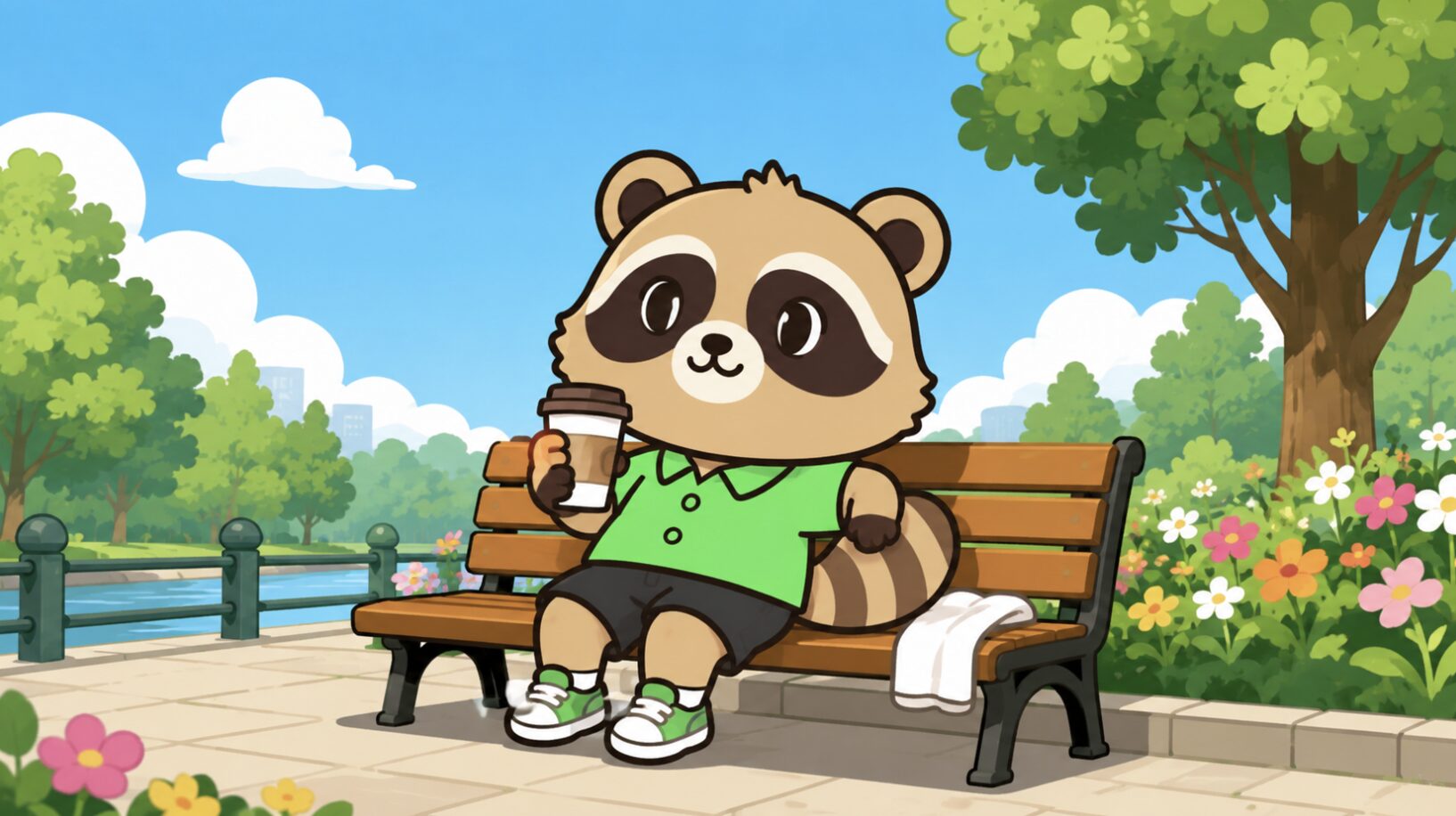 50代女性の趣味としてウォーキングやゆるい運動を楽しむたぬきが、公園のベンチでコーヒーを飲みながら心身のバランスを整えているイラスト