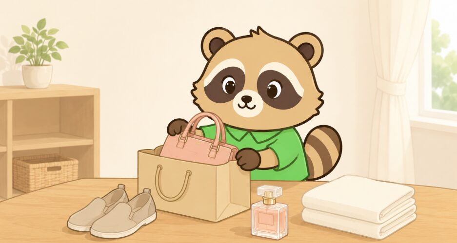 たぬきキャラクターが明るい部屋でバッグ、靴、香水、シーツを並べて天赦日の買い物と習慣を紹介しているイラスト