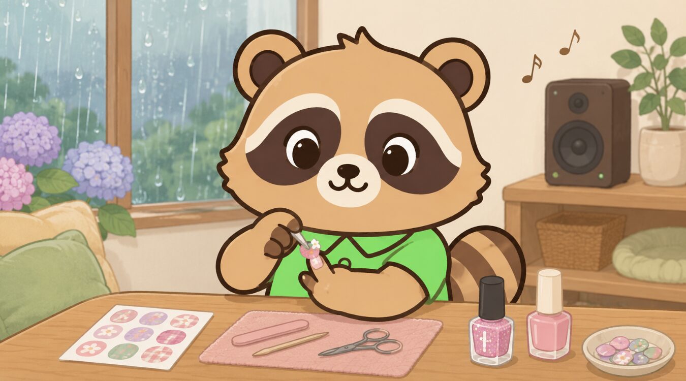 雨の日の部屋で、緑のシャツを着たたぬきがネイルシールを爪に貼りながらラメ入りポリッシュを使ってセルフネイルを楽しんでいるイラスト