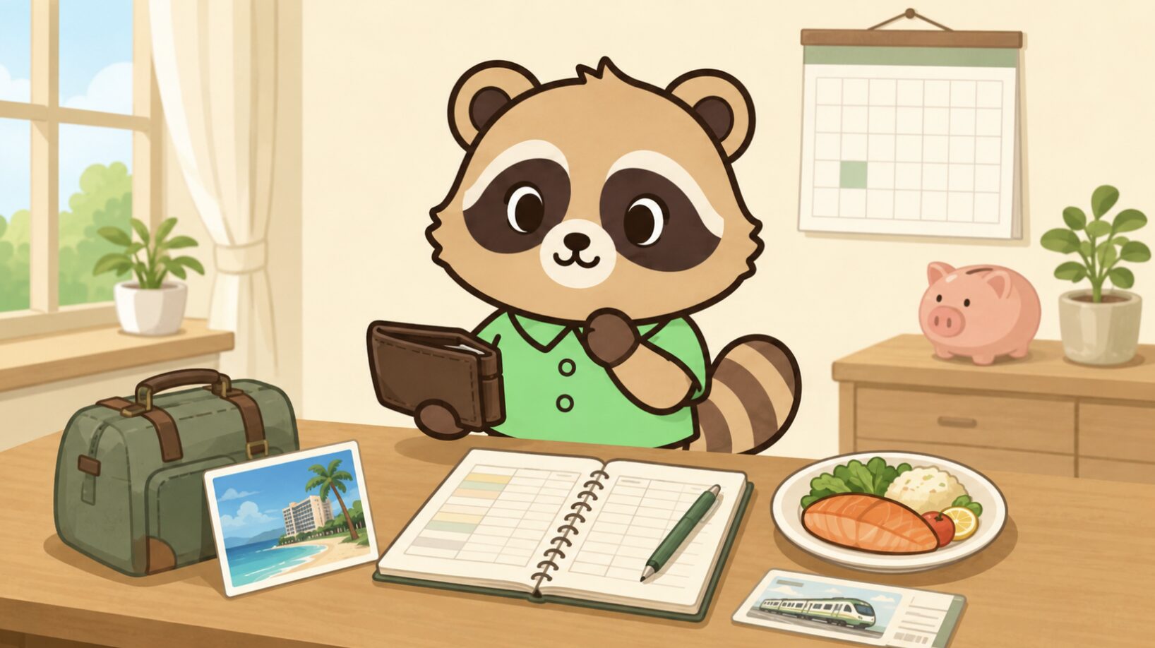 机の前で緑のシャツを着たかわいいたぬきが、財布と家計簿を確認しながら旅行費用の使い分けを考えているイラスト