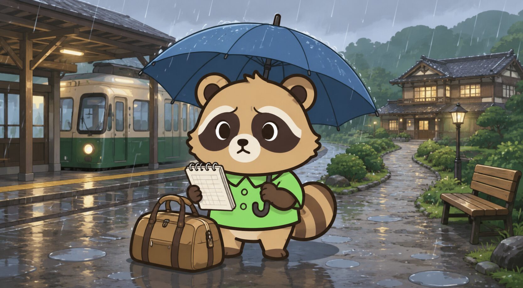 雨の駅前で、たぬきが傘を差しながらメモを確認し、旅行バッグをそばに置いて予定変更に備えているイラスト