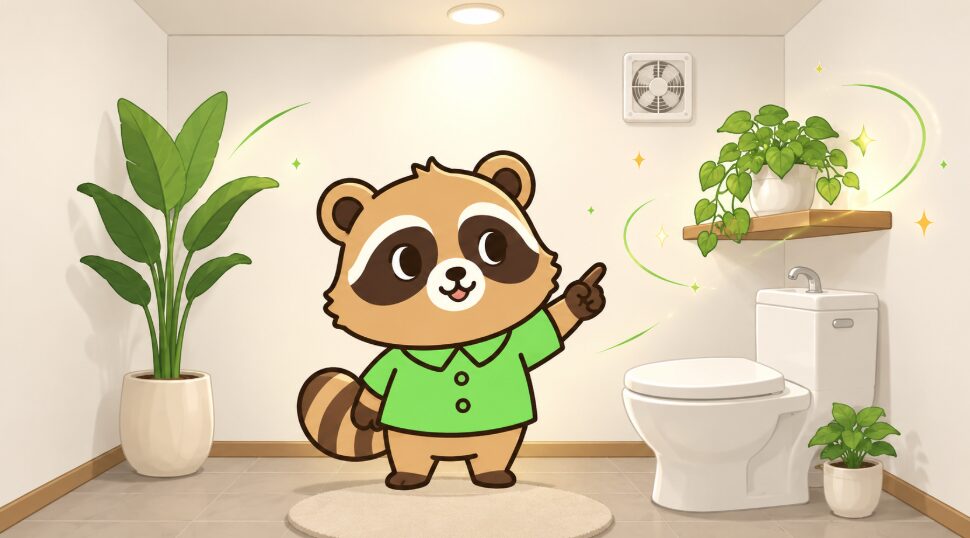 窓のないトイレで、緑のシャツを着たたぬきが壁棚の観葉植物を指差して説明しているイラスト