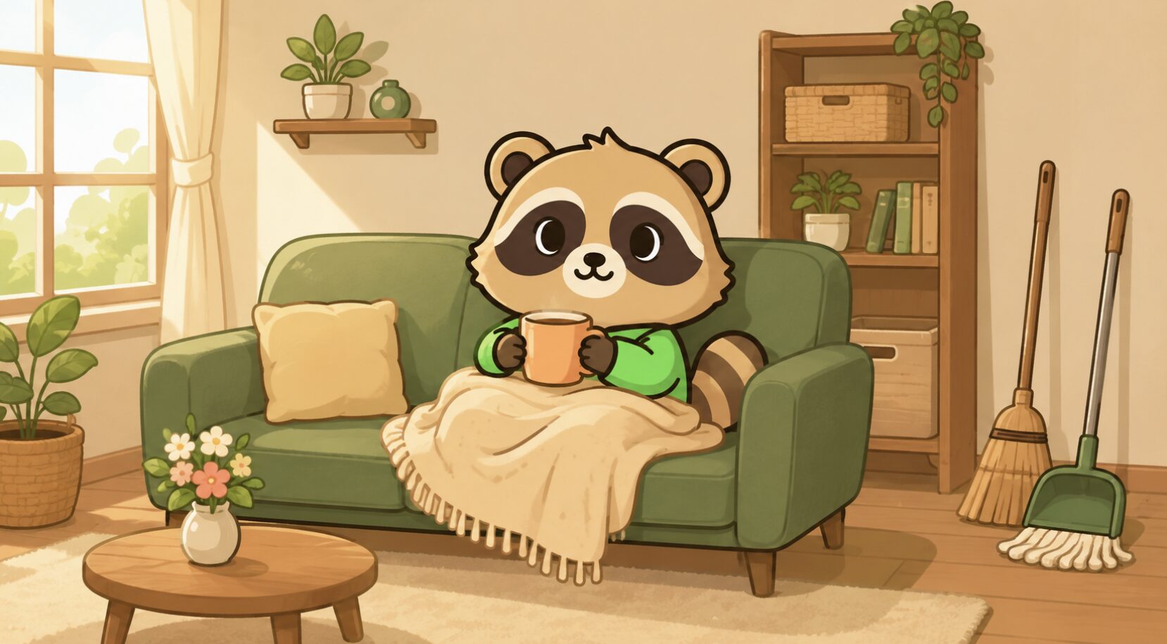 緑のシャツを着たかわいいたぬきが、掃除道具を横に置いたリビングのソファで、ブランケットをかけて温かい飲み物を持ちながら休んでいるイラスト