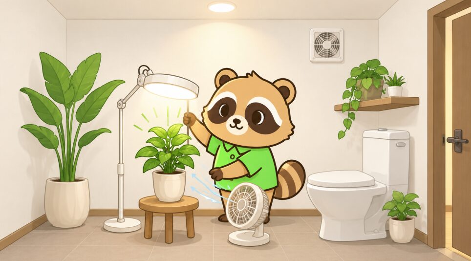窓のないトイレで、緑のシャツを着たたぬきが観葉植物にLEDライトと小型扇風機を当てているイラスト