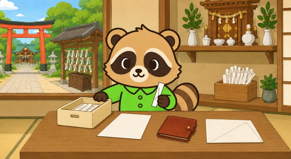 持ち帰ったおみくじの保管方法と返納の準備をするたぬきのイラスト