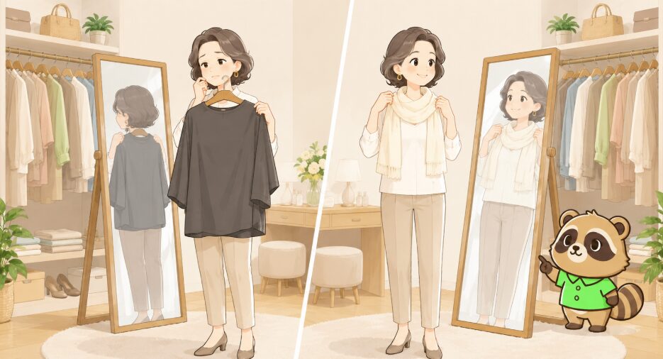 50代女性が暗い服を選んで困る姿と、明るいスカーフを合わせて若々しく見える姿を左右で比較したイラスト
