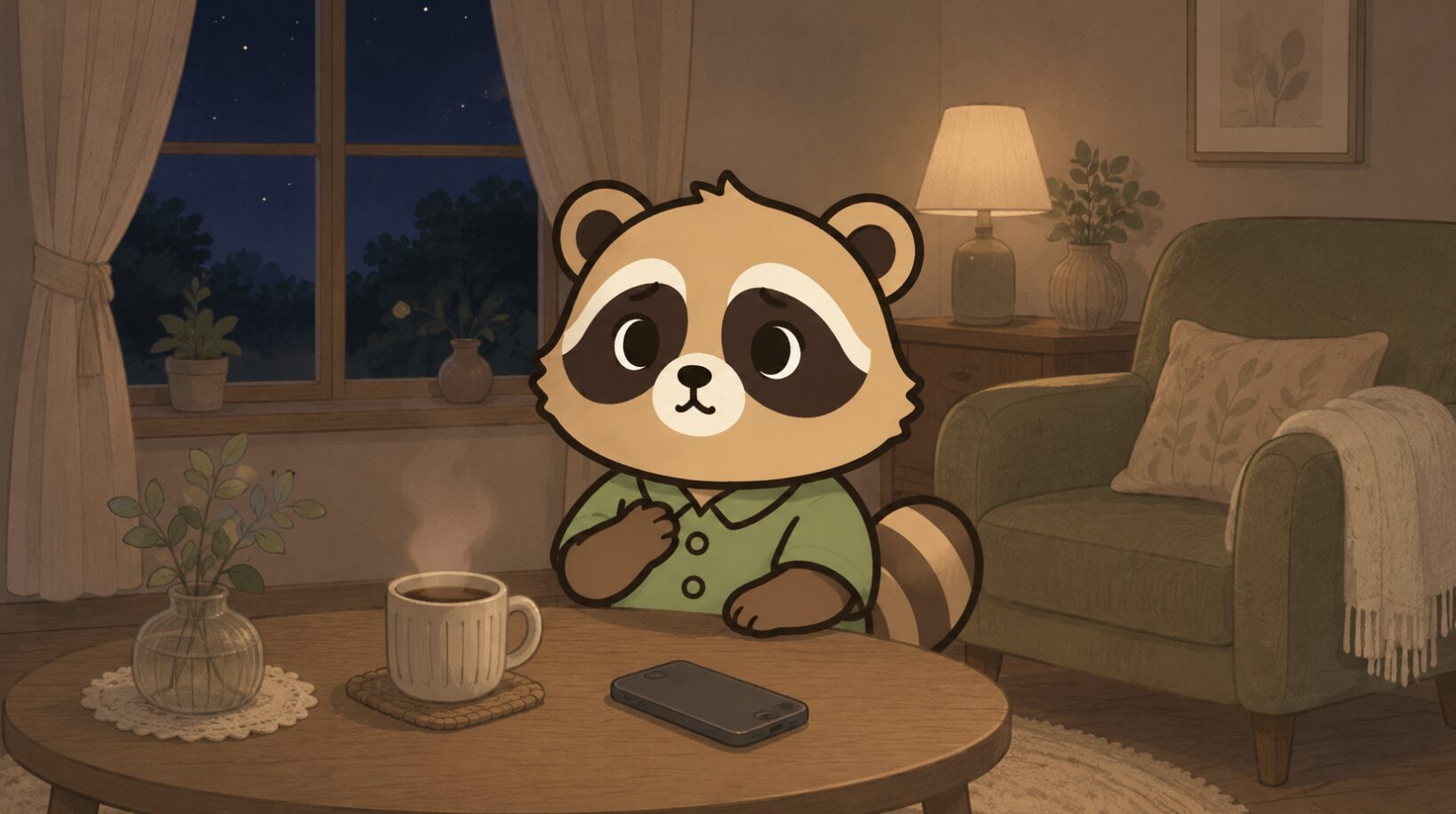50代女性が一人で寂しさを感じる夜のたぬきイラスト