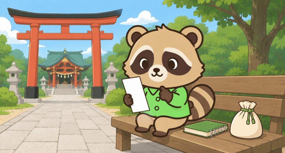 凶のおみくじを見て不安になりながら持ち帰るか考えるたぬきのイラスト