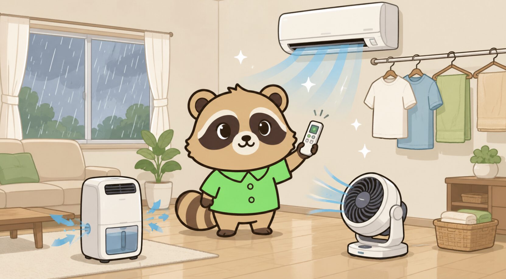 梅雨のリビングで、緑のシャツを着たかわいいたぬきがリモコンでエアコンを操作し、除湿機とサーキュレーターを使って室内干しの湿気を減らしているイラスト