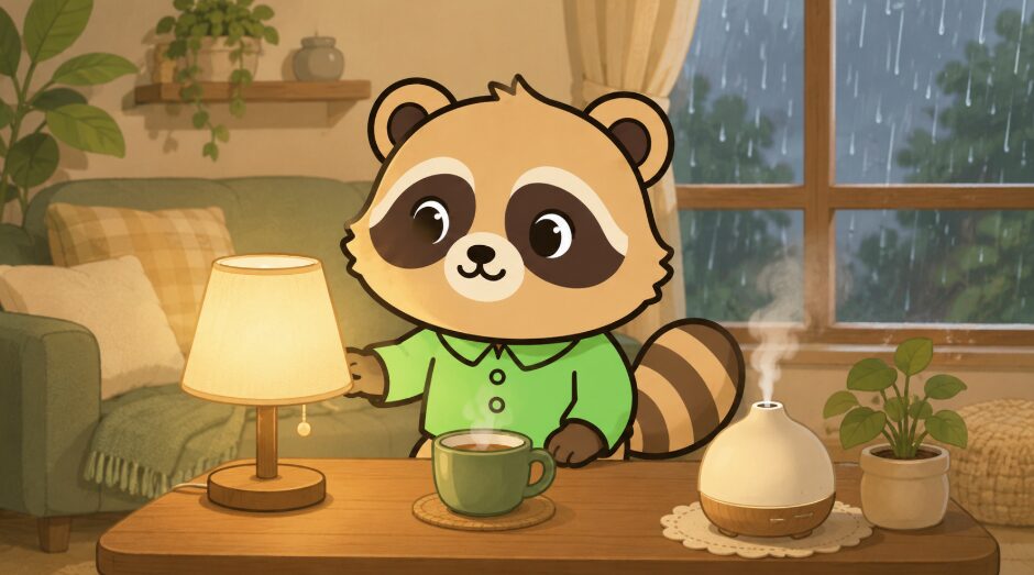 雨の日のリビングで、緑のシャツを着たたぬきがランプをつけ、温かい飲み物とアロマディフューザーのそばでくつろいでいるイラスト