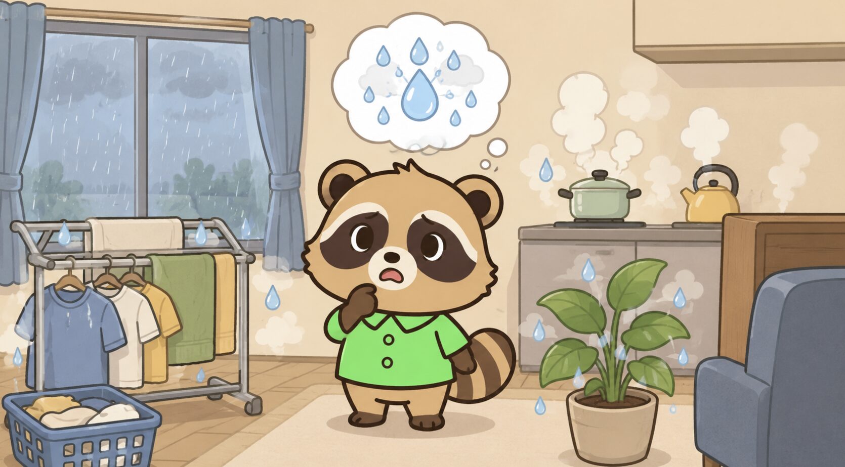 雨の日の閉め切った部屋で、緑のシャツを着たかわいいたぬきが室内干しやキッチンの湯気、観葉植物から出る湿気を心配そうに見ているイラスト