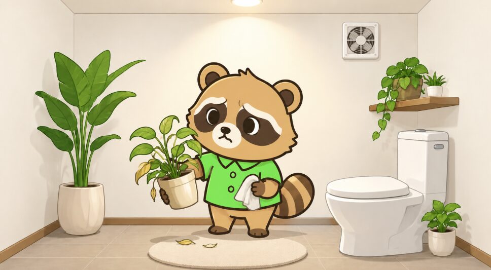 窓のないトイレで、緑のシャツを着たたぬきが黄色くなった葉の観葉植物を心配そうに見ているイラスト
