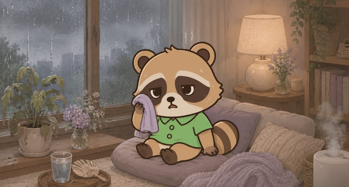 雨のリビングで、たぬきがタオルで顔を拭きながら蒸し暑さに疲れているイラスト