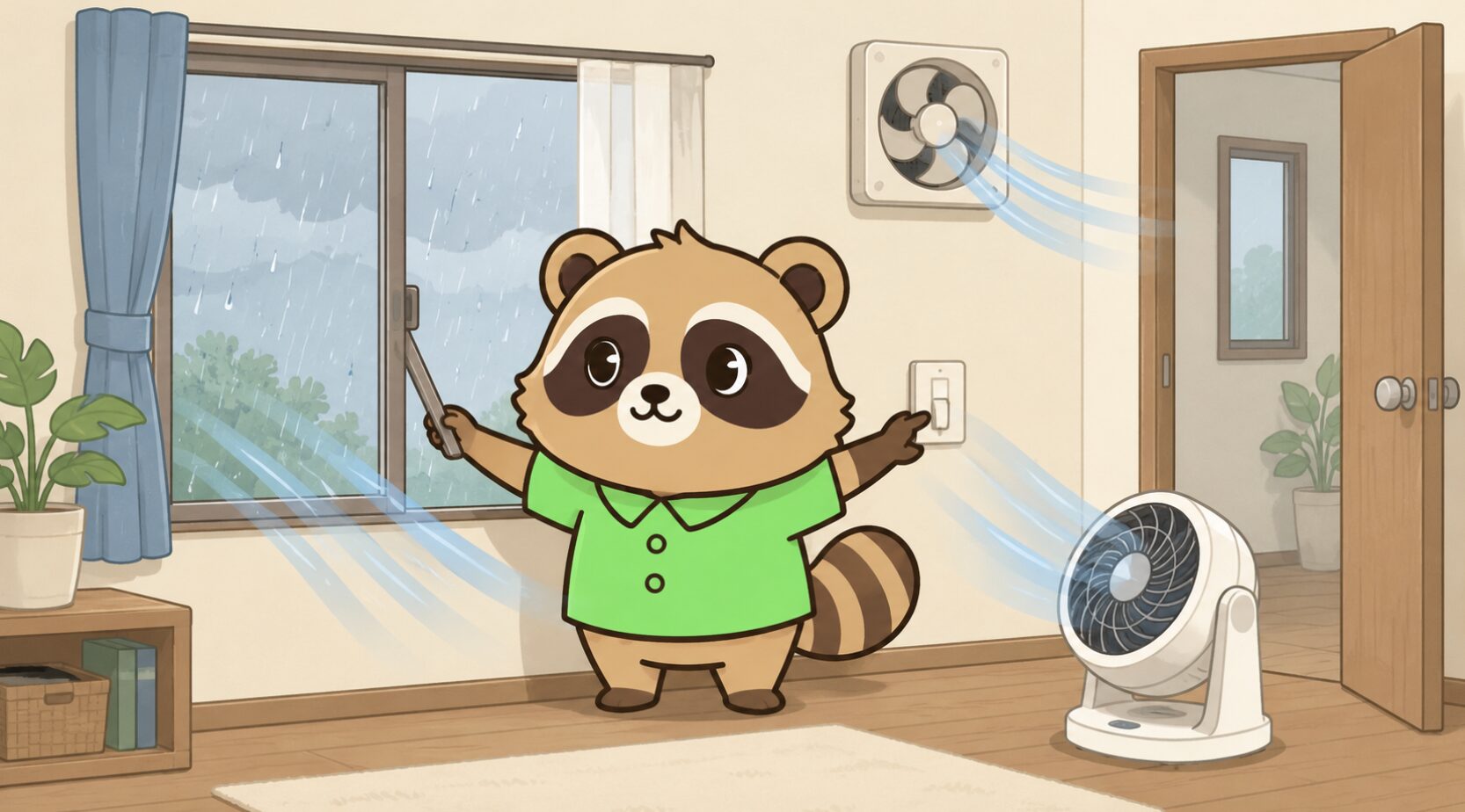雨の日の部屋で、緑のシャツを着たかわいいたぬきが窓を少し開け、換気扇とサーキュレーターで空気を入れ替えているイラスト