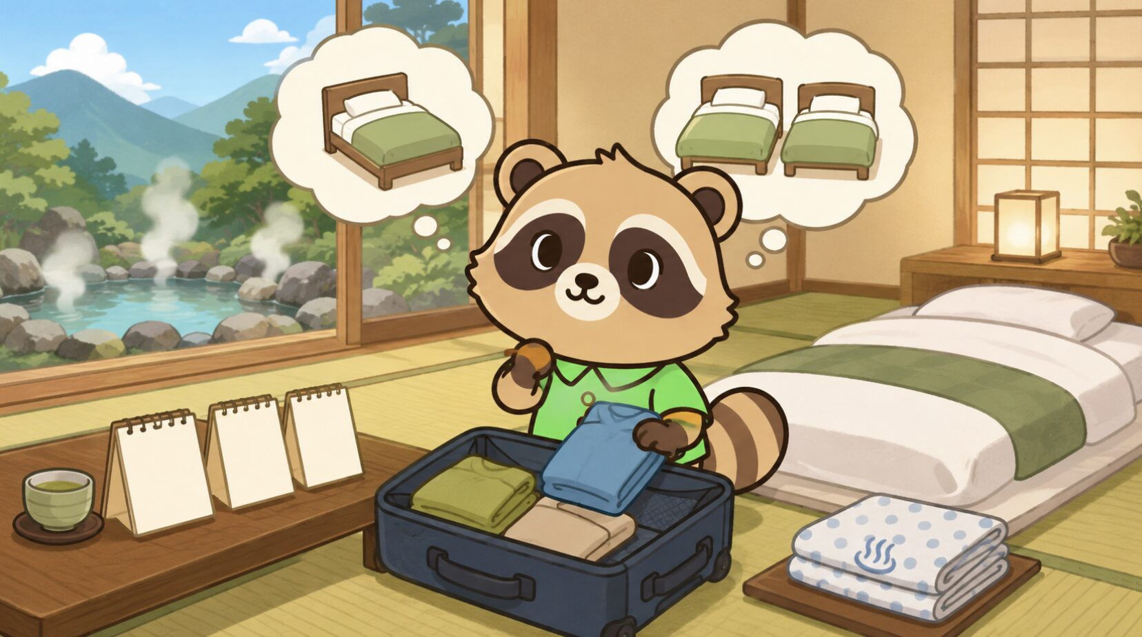 旅館の客室で、たぬきが旅行バッグに服を入れながら宿泊日数を考えているイラスト