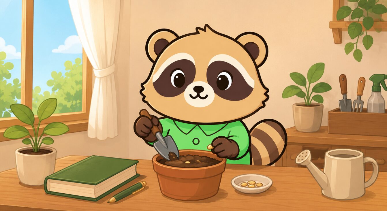 明るい部屋でたぬきが鉢植えに種をまき、新しいことを始めているイラスト