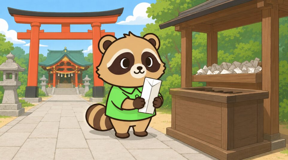 古いおみくじを白い紙に包んで神社に返納するたぬきのイラスト