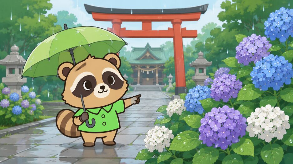 雨の日の神社境内で、緑のシャツを着たかわいいたぬきが傘をさし、紫陽花を指差しているイラスト