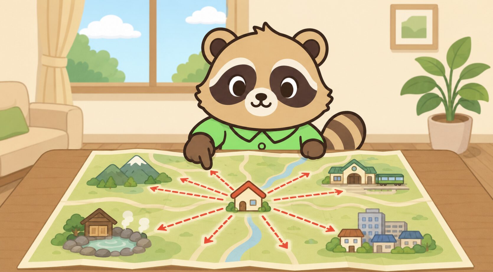 緑のシャツを着たかわいいたぬきが、自宅の模型を中心にした地図上の方位線を指差して確認しているイラスト
