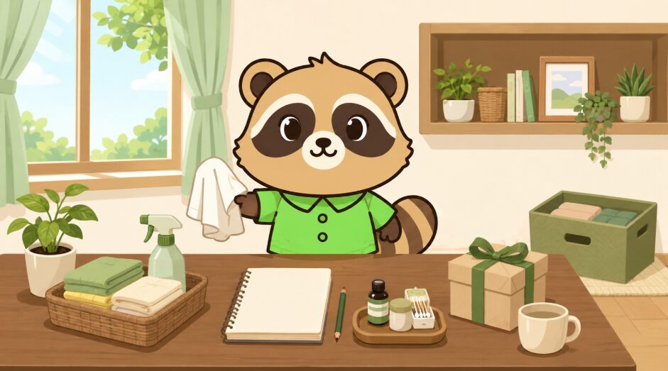 明るい部屋で、緑のシャツを着たたぬきが掃除用クロスを持ち、ノートや片付け小物、贈り物を机に並べて生活を整えているイラスト