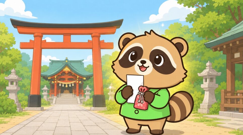 大吉や吉のおみくじを大切に持ち帰るたぬきのイラスト